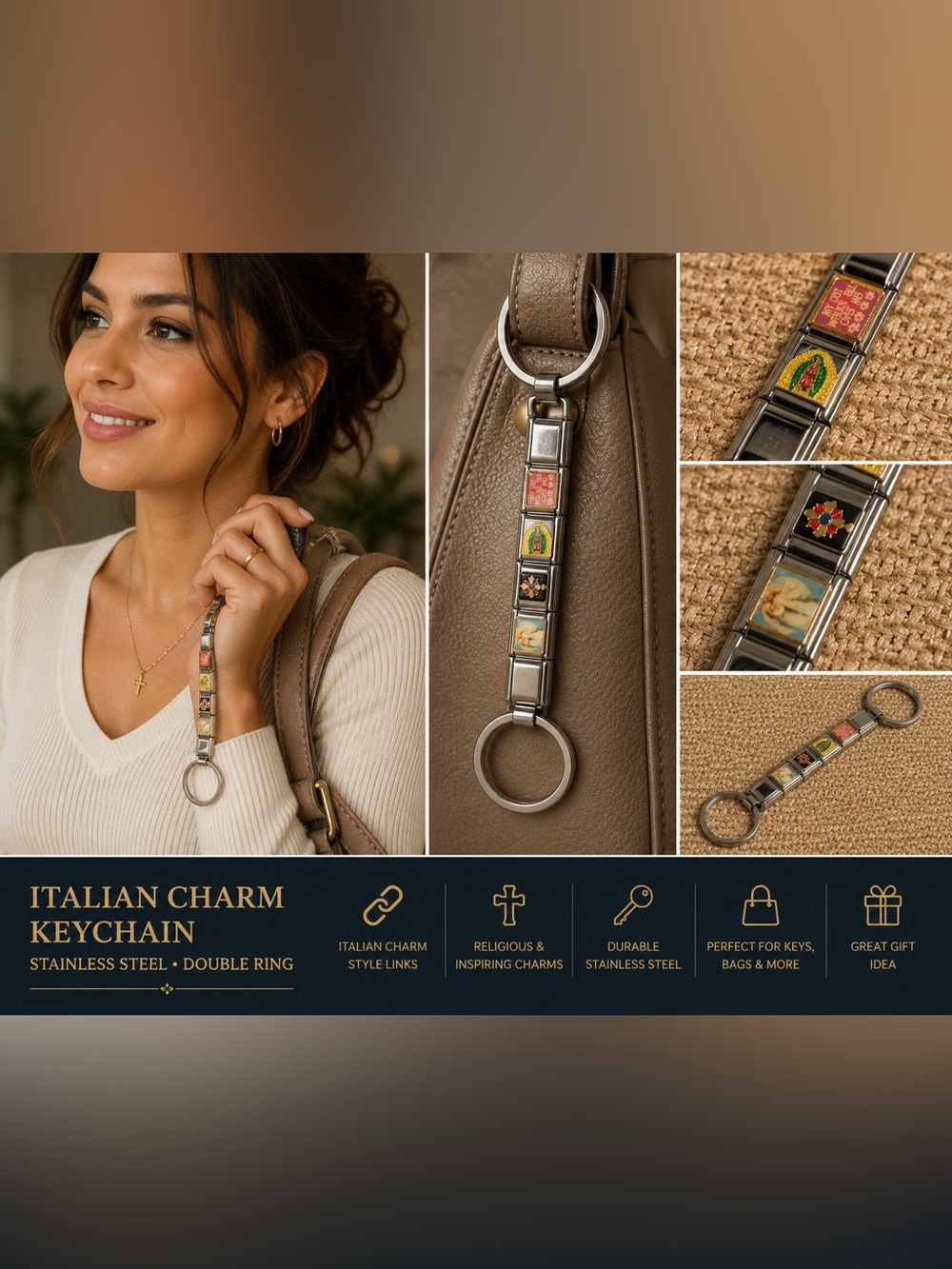 Nomination Style Italian Charm Stainless Steel Double Ring Keychain Religious